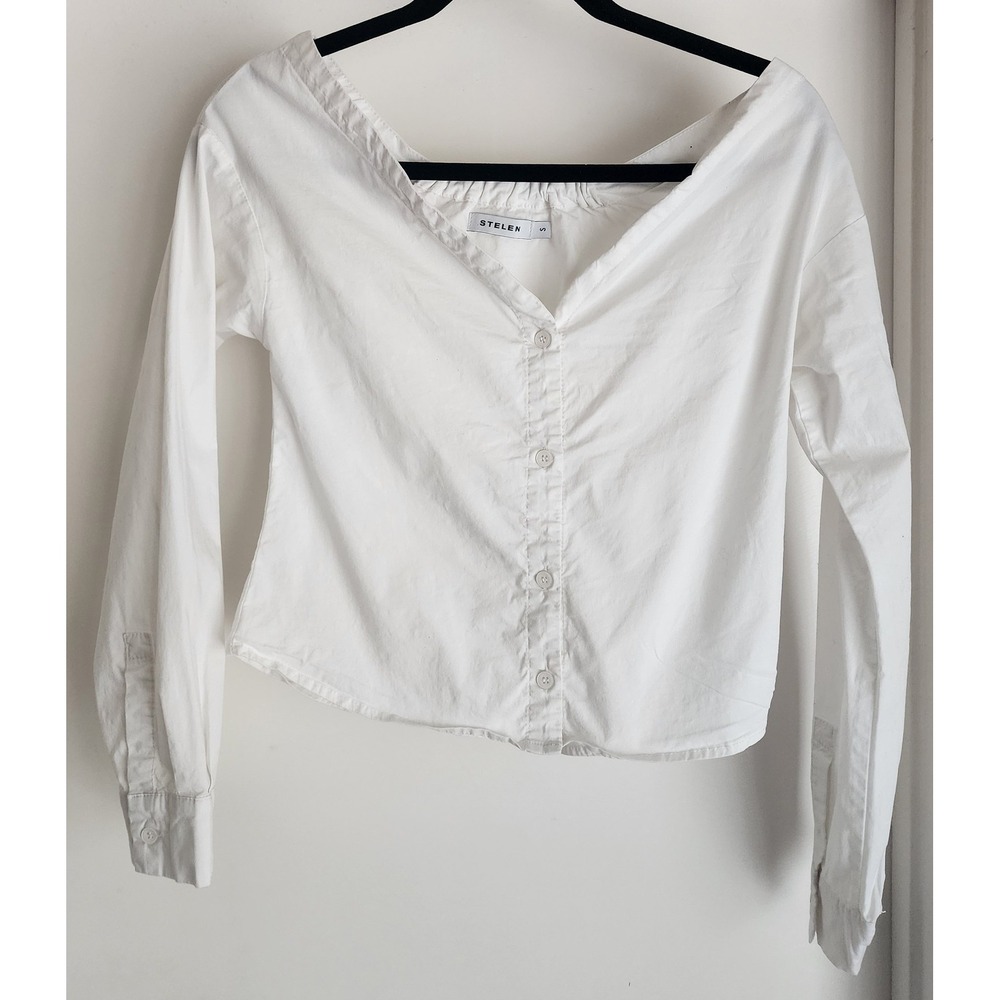 STELEN Women's Blouse‎ Size S White Cotton Blend Short Sleeve Top